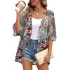 imageOFEEFAN Beach Cover Ups for Women 34 Length Sleeve Womens Tops Summer Cardigan Casual Blouses Loose FitGray Floral