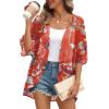 imageOFEEFAN Beach Cover Ups for Women 34 Length Sleeve Womens Tops Summer Cardigan Casual Blouses Loose FitRed Floral