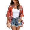 imageOFEEFAN Beach Cover Ups for Women 34 Length Sleeve Womens Tops Summer Cardigan Casual Blouses Loose FitRed Floral