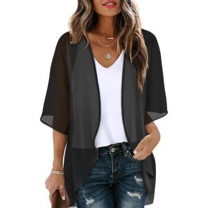 imageOFEEFAN Beach Cover Ups for Women 34 Length Sleeve Womens Tops Summer Cardigan Casual Blouses Loose FitBlack
