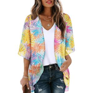 imageOFEEFAN Beach Cover Ups for Women 34 Length Sleeve Womens Tops Summer Cardigan Casual Blouses Loose FitColorful Print