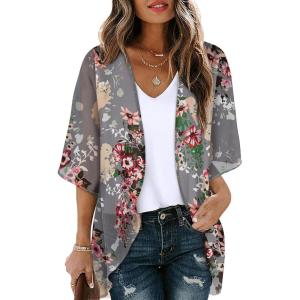 imageOFEEFAN Beach Cover Ups for Women 34 Length Sleeve Womens Tops Summer Cardigan Casual Blouses Loose FitGray Floral
