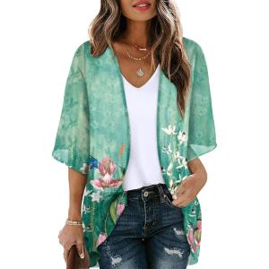 imageOFEEFAN Beach Cover Ups for Women 34 Length Sleeve Womens Tops Summer Cardigan Casual Blouses Loose FitGreen Floral