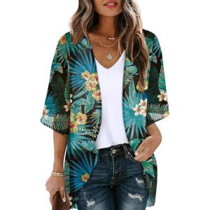 imageOFEEFAN Beach Cover Ups for Women 34 Length Sleeve Womens Tops Summer Cardigan Casual Blouses Loose FitGreen Leaves