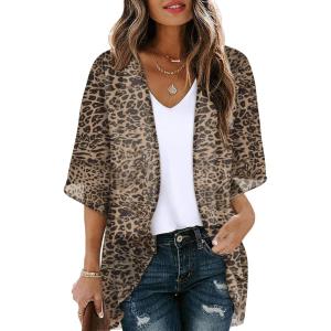 imageOFEEFAN Beach Cover Ups for Women 34 Length Sleeve Womens Tops Summer Cardigan Casual Blouses Loose FitLeopard