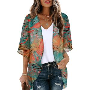 imageOFEEFAN Beach Cover Ups for Women 34 Length Sleeve Womens Tops Summer Cardigan Casual Blouses Loose FitOrange Leaves