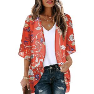 imageOFEEFAN Beach Cover Ups for Women 34 Length Sleeve Womens Tops Summer Cardigan Casual Blouses Loose FitRed Floral