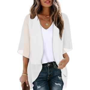 imageOFEEFAN Beach Cover Ups for Women 34 Length Sleeve Womens Tops Summer Cardigan Casual Blouses Loose FitWhite