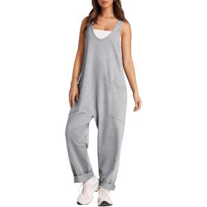 imageOFEEFAN Jumpsuits For Women Casual Summer Dressy Sleeveless Overalls Long Loose Baggy Rompers Jumpers With Pockets 202403grey