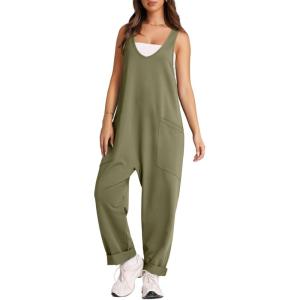 imageOFEEFAN Jumpsuits For Women Casual Summer Dressy Sleeveless Overalls Long Loose Baggy Rompers Jumpers With Pockets 202404army Green