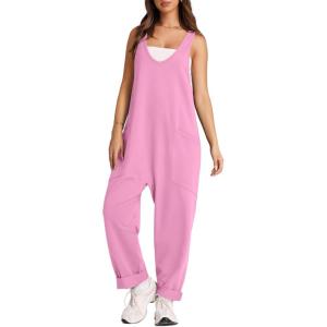 imageOFEEFAN Jumpsuits For Women Casual Summer Dressy Sleeveless Overalls Long Loose Baggy Rompers Jumpers With Pockets 202405pink