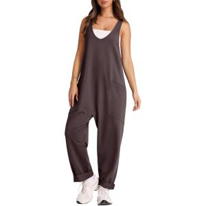 imageOFEEFAN Jumpsuits For Women Casual Summer Dressy Sleeveless Overalls Long Loose Baggy Rompers Jumpers With Pockets 202407coffee Brown