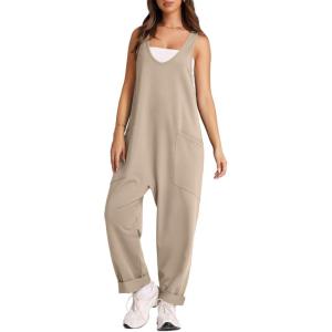 imageOFEEFAN Jumpsuits For Women Casual Summer Dressy Sleeveless Overalls Long Loose Baggy Rompers Jumpers With Pockets 202408khaki