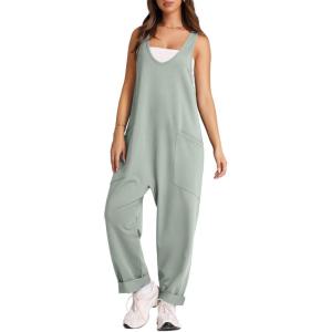 imageOFEEFAN Jumpsuits For Women Casual Summer Dressy Sleeveless Overalls Long Loose Baggy Rompers Jumpers With Pockets 202409mint Green