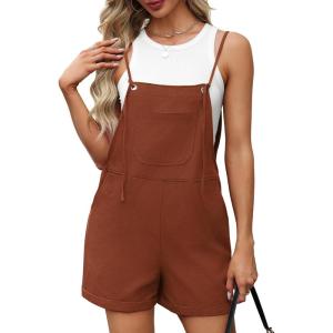 imageOFEEFAN Womens Shorts Overalls Sleeveless Adjustable Strap Short Rompers Jumpsuit With PocketsRed Brown