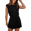 imageOFEEFAN Rompers for Women Summer Cap Sleeve Adjustable Drawstring Waistband Crewneck Casual Outfits with Pockets0black