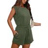 imageOFEEFAN Rompers for Women Summer Cap Sleeve Adjustable Drawstring Waistband Crewneck Casual Outfits with Pockets0olive