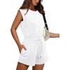 imageOFEEFAN Rompers for Women Summer Cap Sleeve Adjustable Drawstring Waistband Crewneck Casual Outfits with Pockets0white