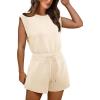 imageOFEEFAN Rompers for Women Summer Cap Sleeve Adjustable Drawstring Waistband Crewneck Casual Outfits with PocketsBeige