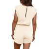 imageOFEEFAN Rompers for Women Summer Cap Sleeve Adjustable Drawstring Waistband Crewneck Casual Outfits with PocketsBeige