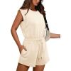 imageOFEEFAN Rompers for Women Summer Cap Sleeve Adjustable Drawstring Waistband Crewneck Casual Outfits with PocketsBeige