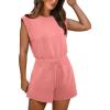 imageOFEEFAN Rompers for Women Summer Cap Sleeve Adjustable Drawstring Waistband Crewneck Casual Outfits with PocketsCoral