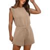 imageOFEEFAN Rompers for Women Summer Cap Sleeve Adjustable Drawstring Waistband Crewneck Casual Outfits with PocketsKhaki