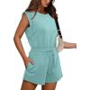 imageOFEEFAN Rompers for Women Summer Cap Sleeve Adjustable Drawstring Waistband Crewneck Casual Outfits with PocketsLight Teal