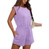 imageOFEEFAN Rompers for Women Summer Cap Sleeve Adjustable Drawstring Waistband Crewneck Casual Outfits with PocketsPurple