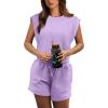 imageOFEEFAN Rompers for Women Summer Cap Sleeve Adjustable Drawstring Waistband Crewneck Casual Outfits with PocketsPurple