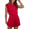 imageOFEEFAN Rompers for Women Summer Cap Sleeve Adjustable Drawstring Waistband Crewneck Casual Outfits with PocketsRed
