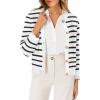 imageOFEEFAN Womens Cardigan Sweaters Open Front Long Sleeve Button Down Knit Jackets with Pockets 2024 Fall WinterStriped White Black