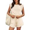 imageOFEEFAN Rompers for Women Summer Cap Sleeve Adjustable Drawstring Waistband Crewneck Casual Outfits with PocketsBeige
