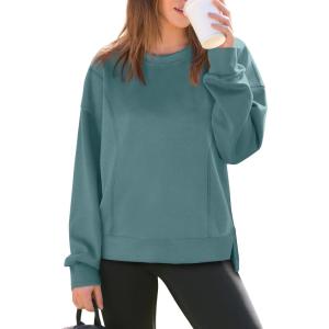 imageOFEEFAN Crewneck Sweatshirts for Women Fall Long Sleeve Shirts Side Slit Tops Loose Fit