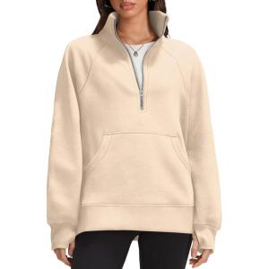 imageOFEEFAN Quarter Zip Sweatshirts For Women Pullover Oversized Hoodies Sweaters Fall Outfits Winter Clothes Thumb Hole 2024Apricot