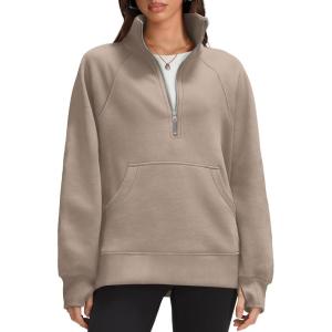 imageOFEEFAN Quarter Zip Sweatshirts For Women Pullover Oversized Hoodies Sweaters Fall Outfits Winter Clothes Thumb Hole 2024Coffee Grey