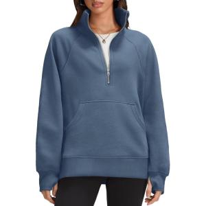 imageOFEEFAN Quarter Zip Sweatshirts For Women Pullover Oversized Hoodies Sweaters Fall Outfits Winter Clothes Thumb Hole 2024Grey Bue
