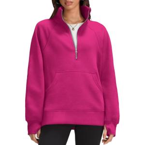 imageOFEEFAN Quarter Zip Sweatshirts For Women Pullover Oversized Hoodies Sweaters Fall Outfits Winter Clothes Thumb Hole 2024Hot Pink
