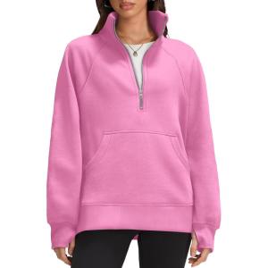imageOFEEFAN Quarter Zip Sweatshirts For Women Pullover Oversized Hoodies Sweaters Fall Outfits Winter Clothes Thumb Hole 2024Pink