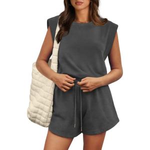 imageOFEEFAN Rompers for Women Summer Cap Sleeve Adjustable Drawstring Waistband Crewneck Casual Outfits with Pockets0dark Grey