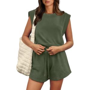 imageOFEEFAN Rompers for Women Summer Cap Sleeve Adjustable Drawstring Waistband Crewneck Casual Outfits with Pockets0olive