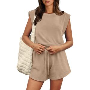 imageOFEEFAN Rompers for Women Summer Cap Sleeve Adjustable Drawstring Waistband Crewneck Casual Outfits with PocketsKhaki
