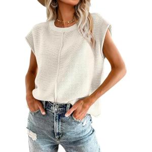 imageOFEEFAN Sweater Vest for Women Cap Sleeve Tops Knit Lightweight Sweaters XSXL02 Pearl White