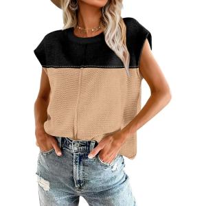 imageOFEEFAN Sweater Vest for Women Cap Sleeve Tops Knit Lightweight Sweaters XSXL08 Color Block Black and Khaki