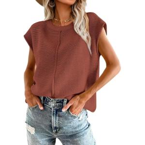 imageOFEEFAN Sweater Vest for Women Cap Sleeve Tops Knit Lightweight Sweaters XSXL13 Brick Red