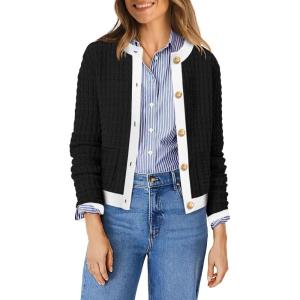 imageOFEEFAN Womens Cardigan Sweaters Open Front Long Sleeve Button Down Knit Jackets with Pockets 2024 Fall WinterColor Block Black