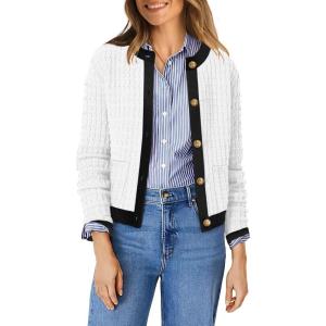 imageOFEEFAN Womens Cardigan Sweaters Open Front Long Sleeve Button Down Knit Jackets with Pockets 2024 Fall WinterColor Block White