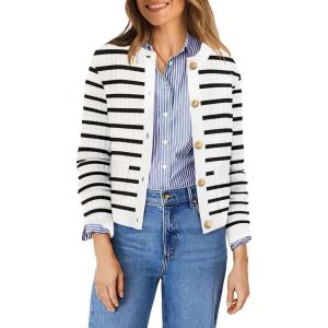 imageOFEEFAN Womens Cardigan Sweaters Open Front Long Sleeve Button Down Knit Jackets with Pockets 2024 Fall WinterStriped White Black
