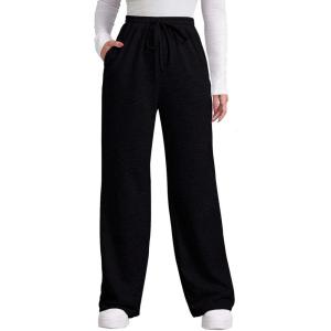 imageOFEEFAN Womens Fall Pants with Pockets Winter Elastic Waist Sweatpants Wide Leg Drawstring Pants SXXL