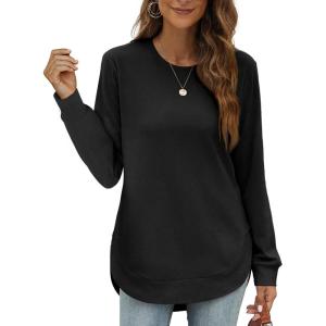 imageOFEEFAN Womens Sweatshirt Crewneck Long Sleeve Shirts High Low Tops Curved HemBblack
